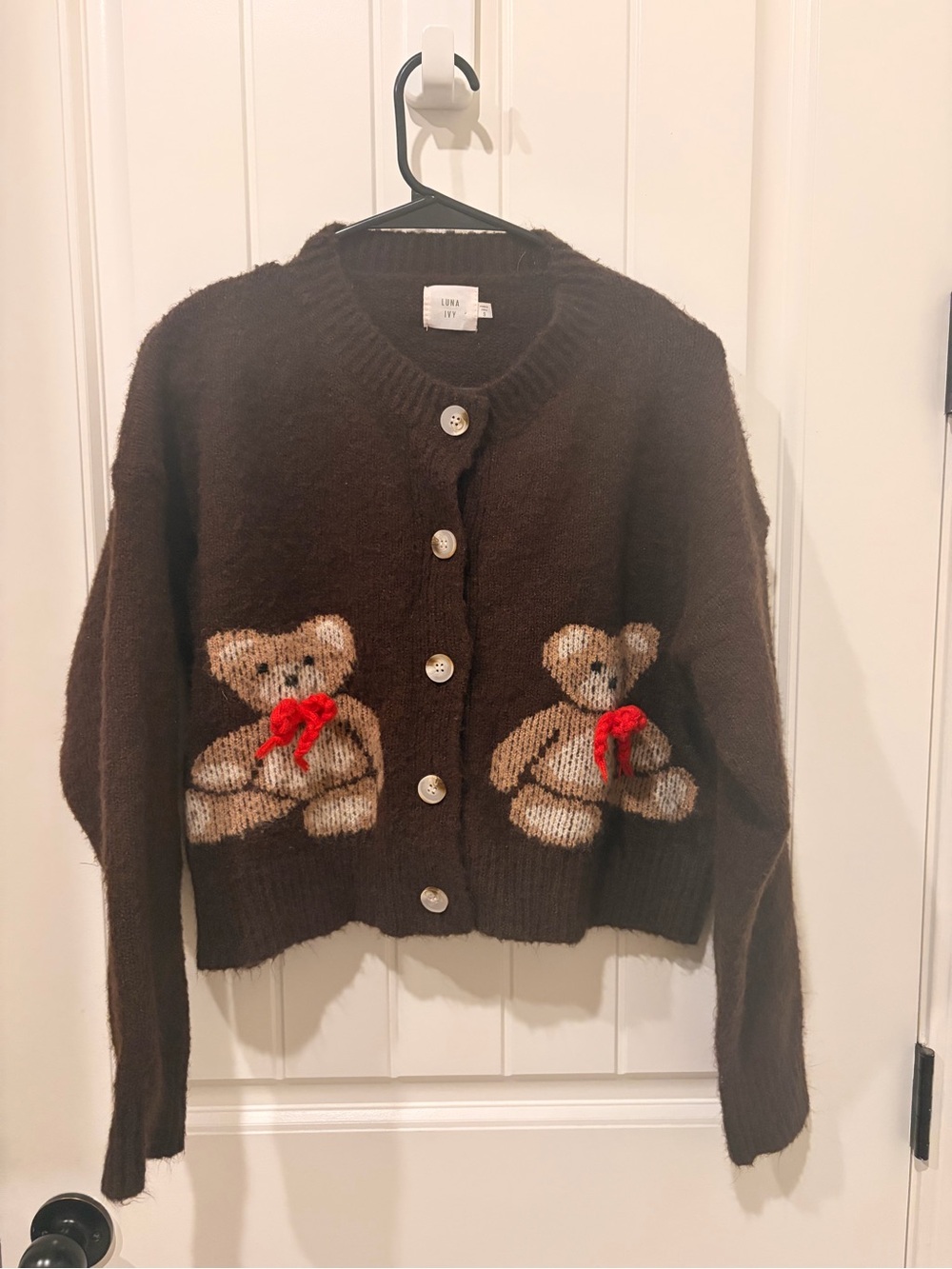 Brown Teddy Knit Button-Front Cardigan with Red Bow Accents